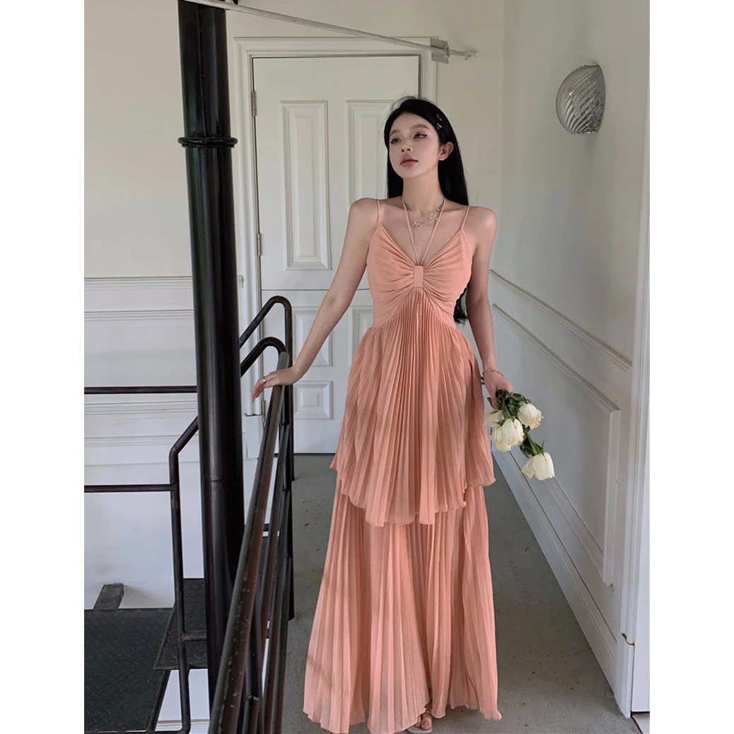 夏季性感纯欲V领吊带挂脖高腰显瘦海边度假连衣裙女