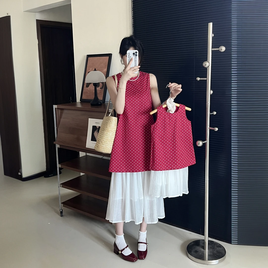女童亲子装新款法式复古红色波点连衣裙无袖背心裙半身裙两件套装