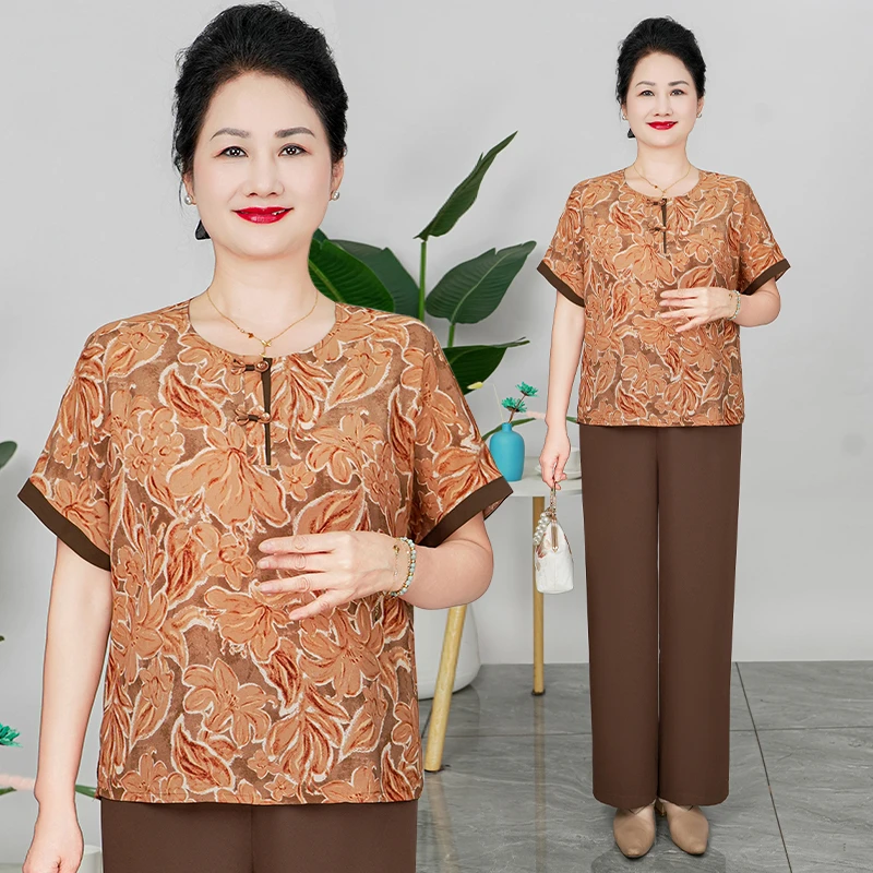 华太太胖妈妈女装夏季洋气大码宽松短袖印花薄款中老年套装B5961B