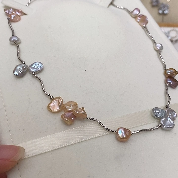 链子925银稀有色花瓣项链