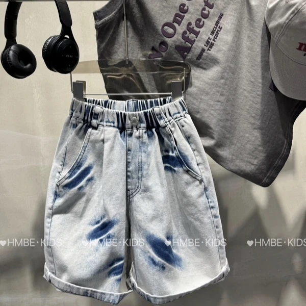 A地1。25276 男童牛仔工装裤夏季新款薄款中裤扎染风中大童