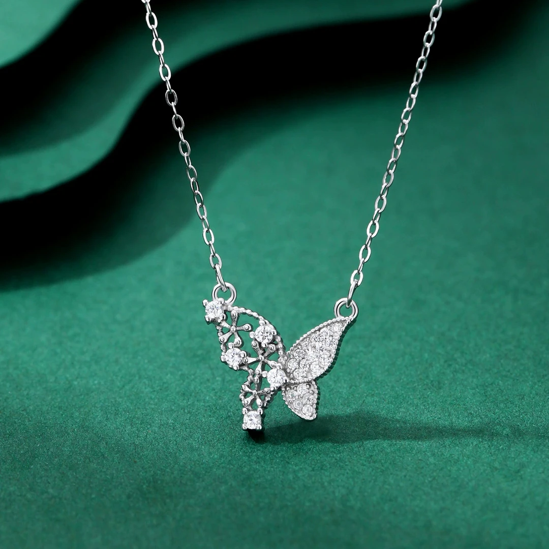 吊坠足银合成锆石 S999纯银蝴蝶项链银色女轻奢时尚锁骨链送闺蜜