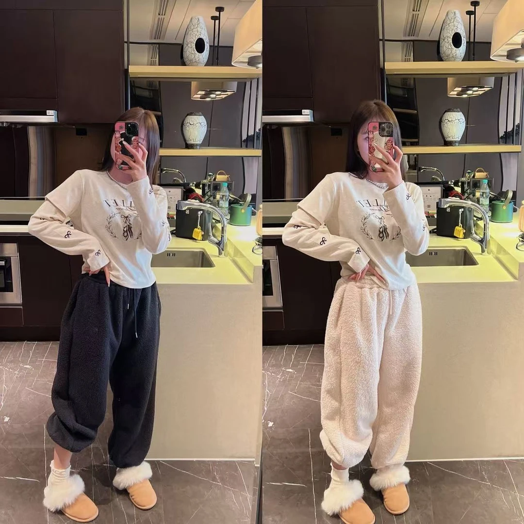 xxxwxz王希之 米/黑两色颗粒双面绒束脚韩版休闲裤#12948