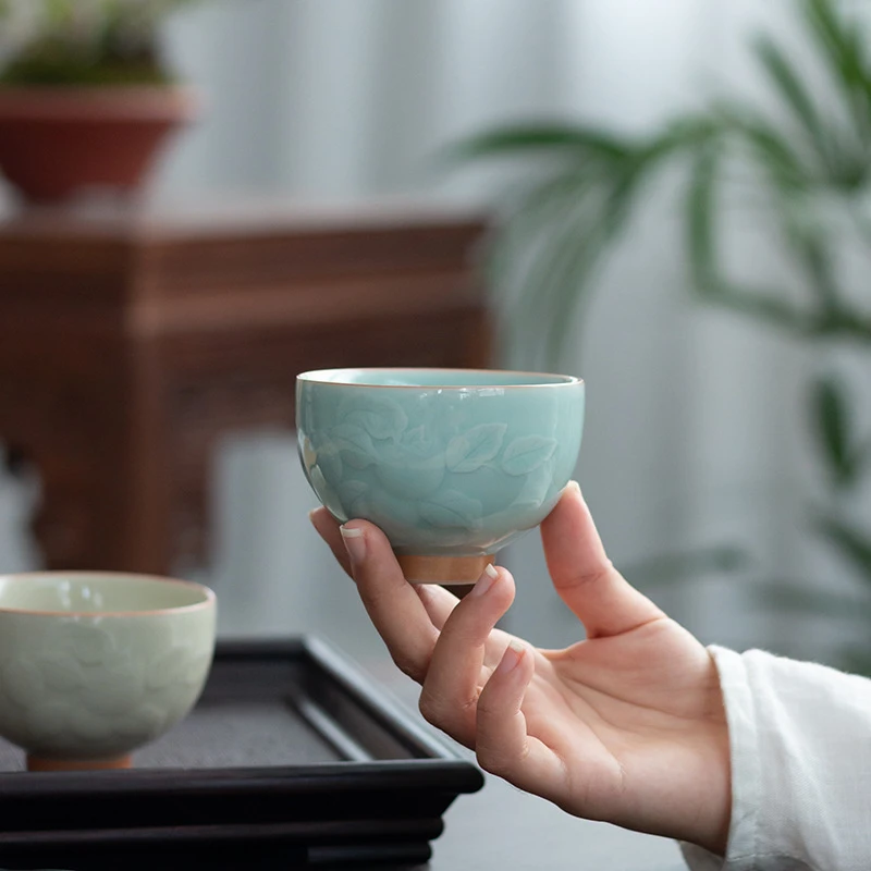 【艺席织地】浮雕柿子青瓷家用喝茶小茶杯茶盏