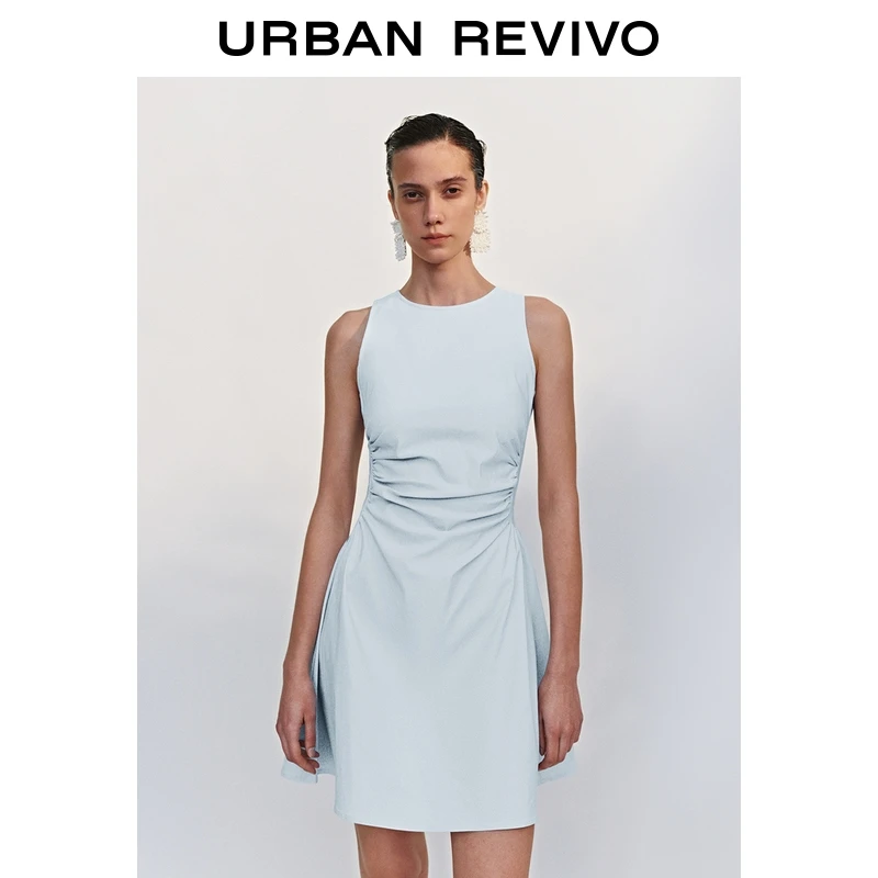 UR2025春季新款女欧若风摩登褶皱收腰显瘦无袖连衣裙UYY750030