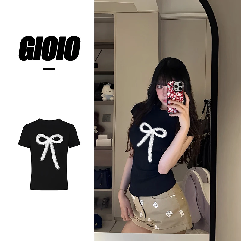 GIOIO辣妹正肩显瘦短袖印花夏季美式时尚纯欲风露肩上衣女短款T恤