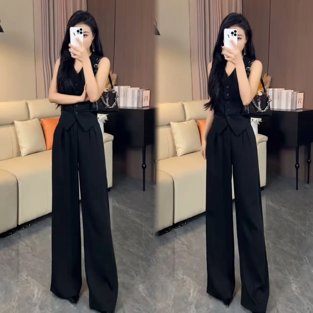 739气质西装马甲套装2025夏新收腰显瘦无袖上衣休闲阔腿裤两件套
