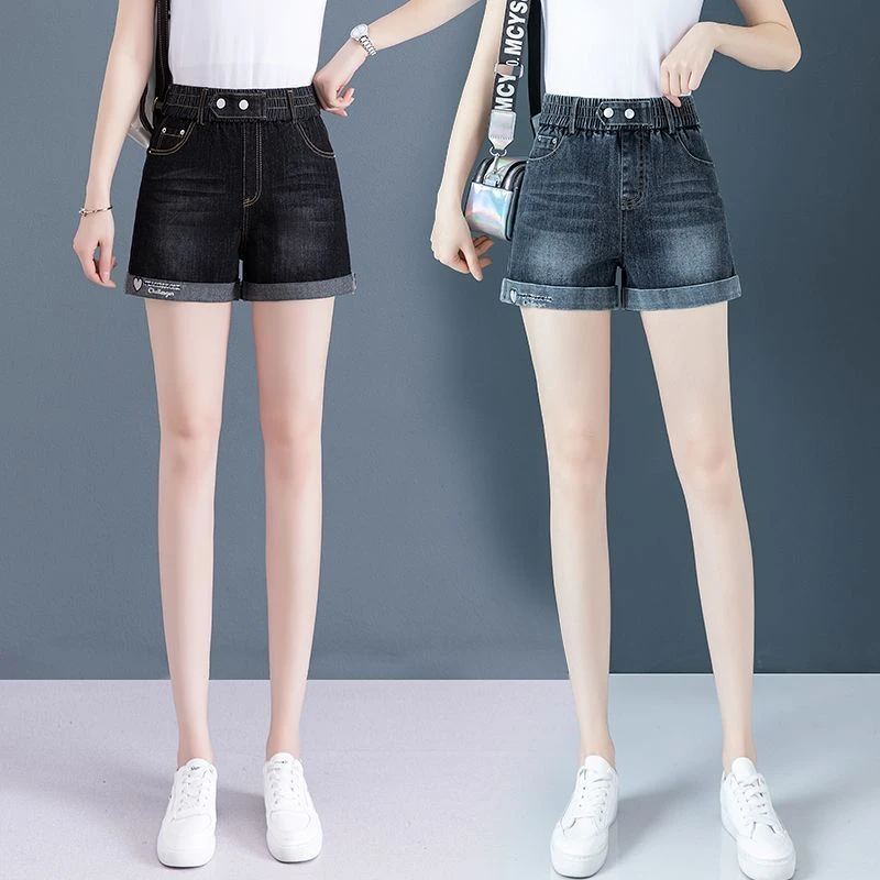 松紧腰阔腿牛仔短裤女外穿夏季2025新款水洗宽松显瘦直筒休闲裤子