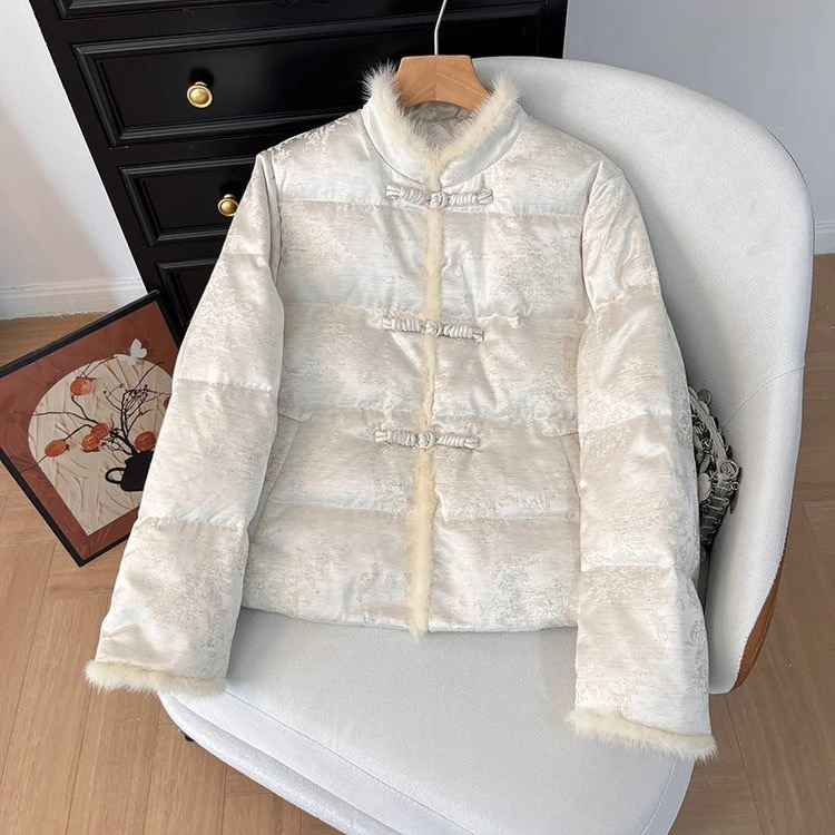 【真水貂毛】新中式冬季加厚毛茸茸提花缎面立领保暖外套女气质减龄