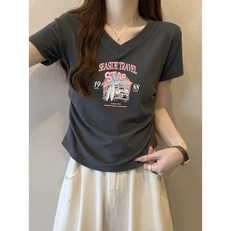 美式不规则v领短袖t恤女夏季修身正肩弧形下摆辣妹上衣设计感小众