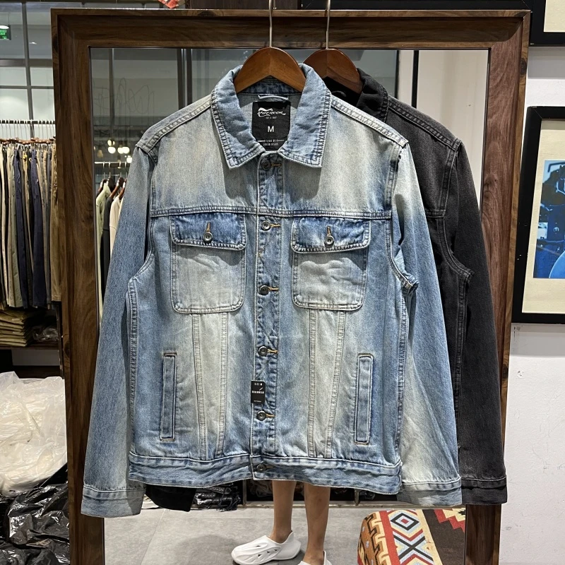 美式重磅复古水洗做旧牛仔夹克外套男阿美咔叽风宽松多袋工装外套