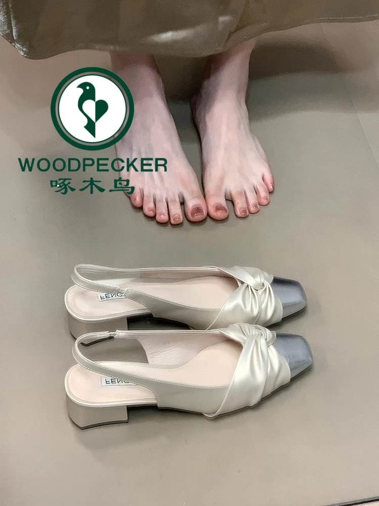 啄木鸟法式气质凉拖方头拼色2025新款粗跟温柔风包头凉鞋女配裙子