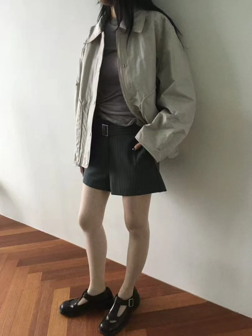 泡菜复合面料下抽绳外套韩版长袖春款纯色宽松翻领