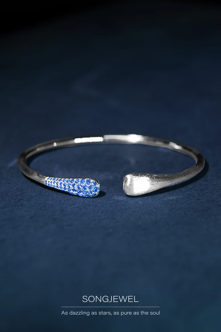 925银 水滴形手镯 意式手工拉丝 天然蓝宝石 精品浓郁矢车菊颜色