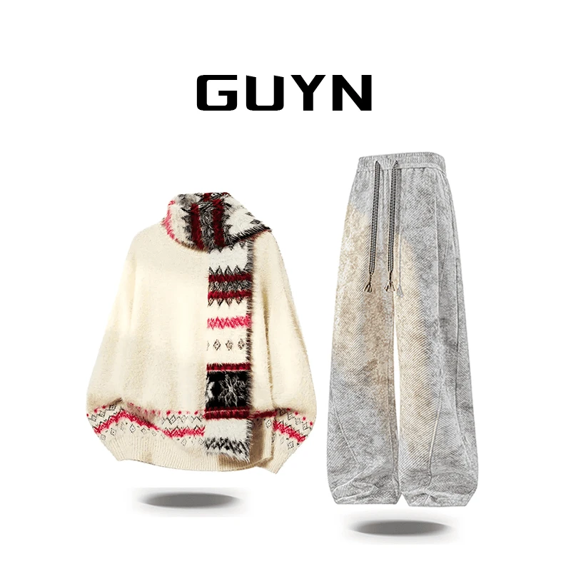 【品牌现货】GUYN提花针织毛衣男士秋冬季加厚保暖圣诞节休闲上衣服