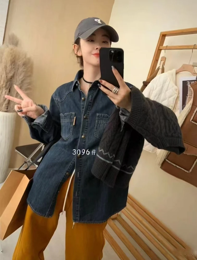 滨莉家【3096】韩版宽松休闲百搭叠穿牛仔衬衫外套