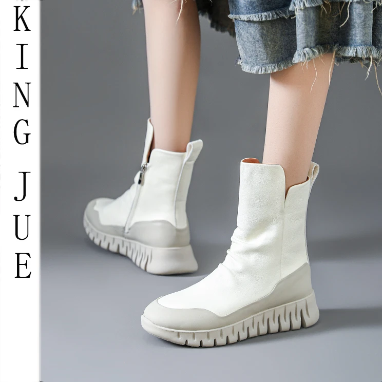 【王爵】真皮软底单靴/3厘米跟高裸色米白色短筒女短靴侧拉链马丁靴