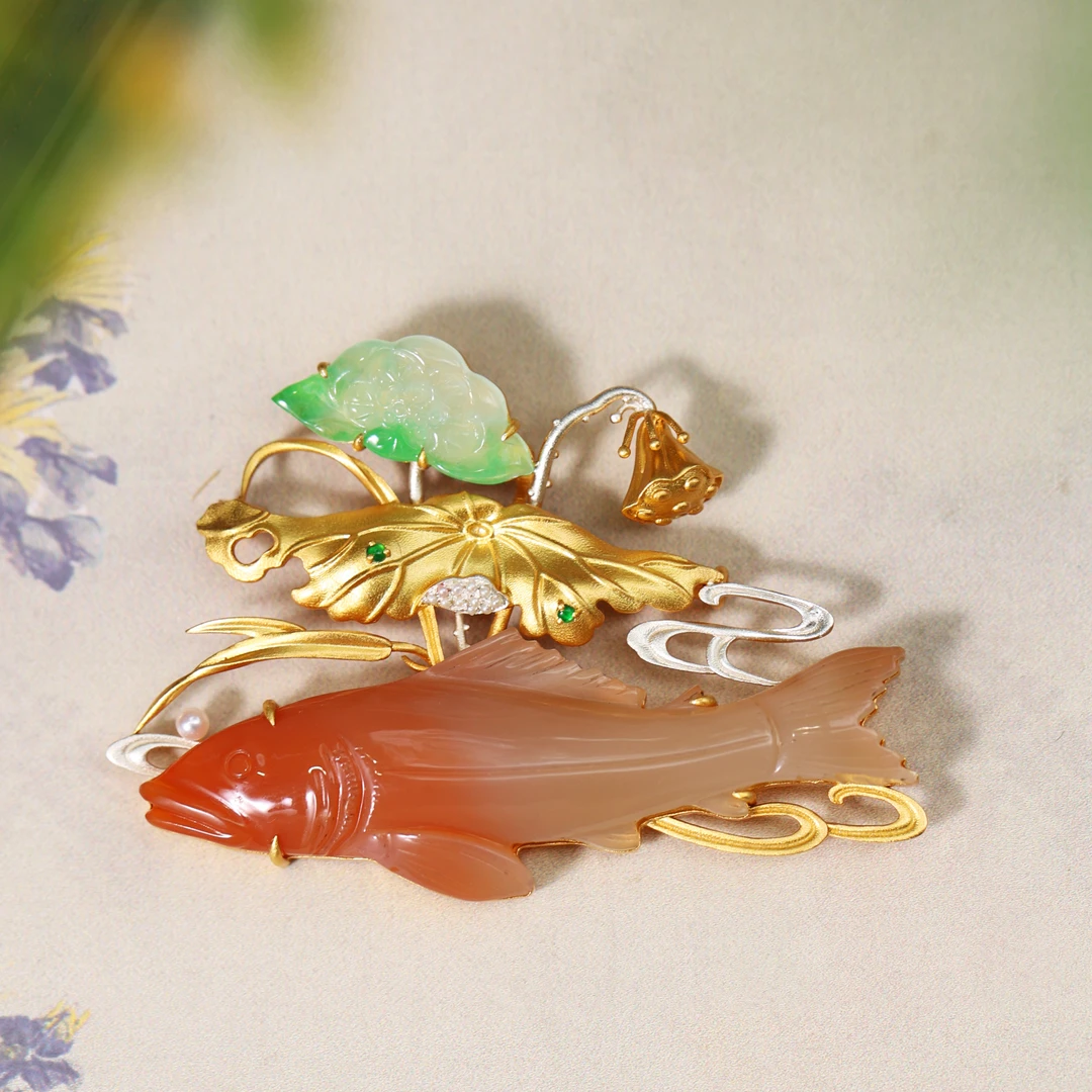 【鱼戏莲】原创国风新中式定制珠宝s925银镶玛瑙鱼胸针吊坠