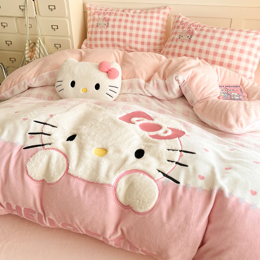 hellokitty牛奶绒床上四件套冬天加厚珊瑚加绒被套床单三件套