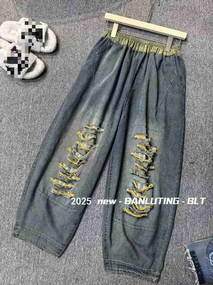 2025春夏新款牛仔老爹裤女潮破洞裤子宽松大码水洗牛仔裤九分裤女