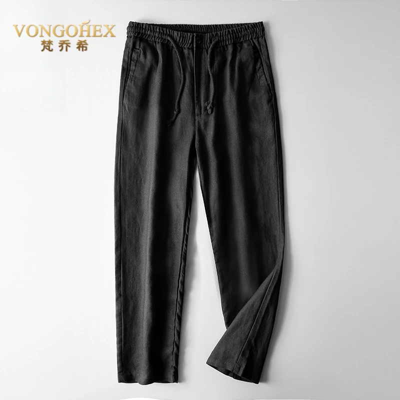 VONGOHEX夏季亚麻休闲裤男士轻薄款松紧腰长裤麻料宽松商务直筒裤