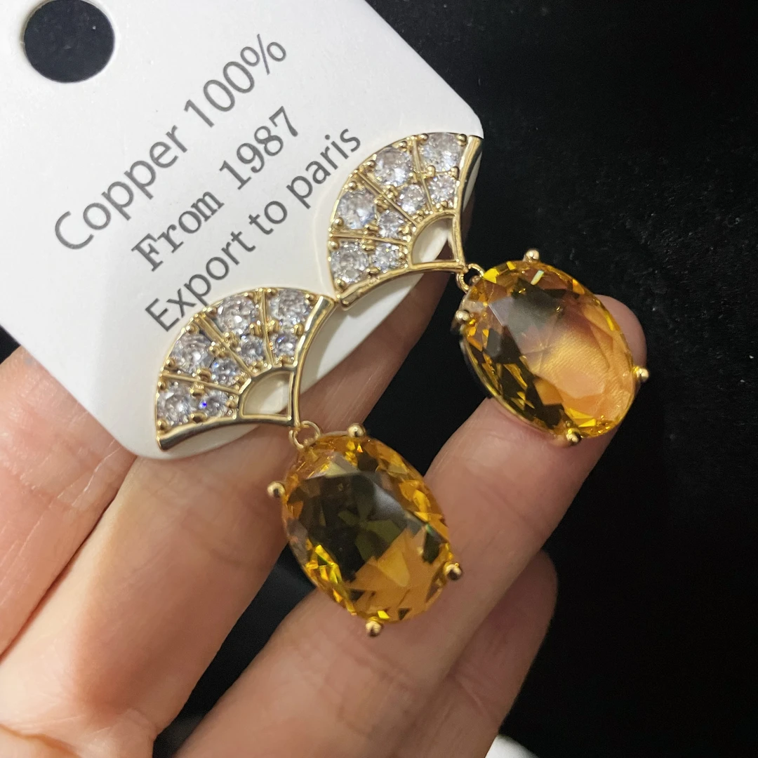 黄铜锆石耳饰 B0317黄色扇子耳环