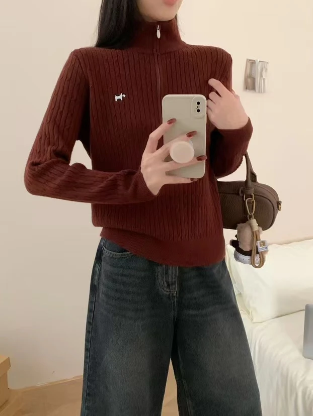 美红家   立领拉链显瘦麻花针织衫