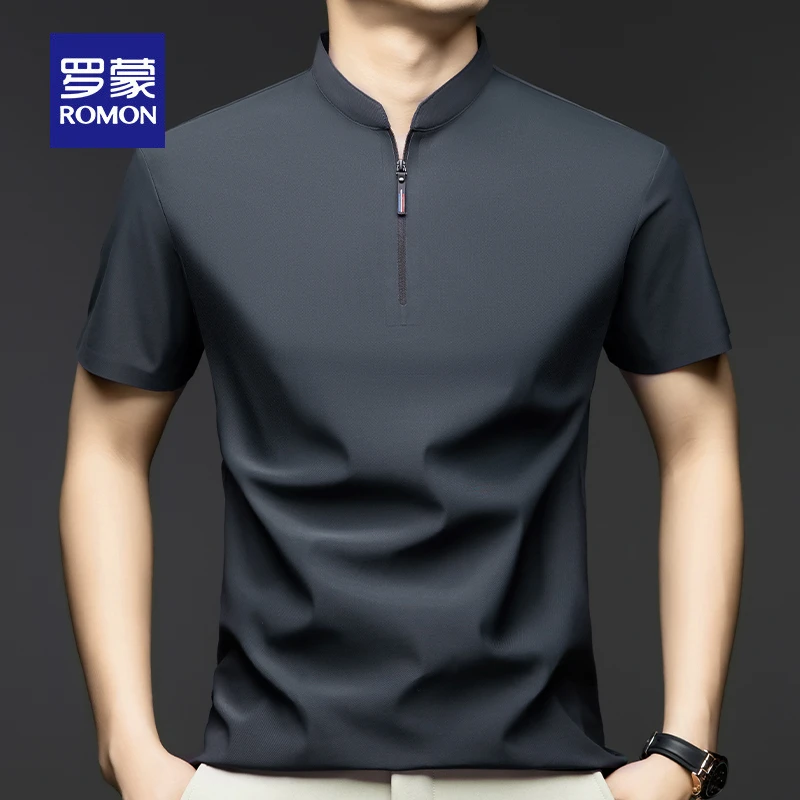 罗蒙夏季新款轻盈商务纯色短袖修身男士上衣薄款半拉链立领T恤潮