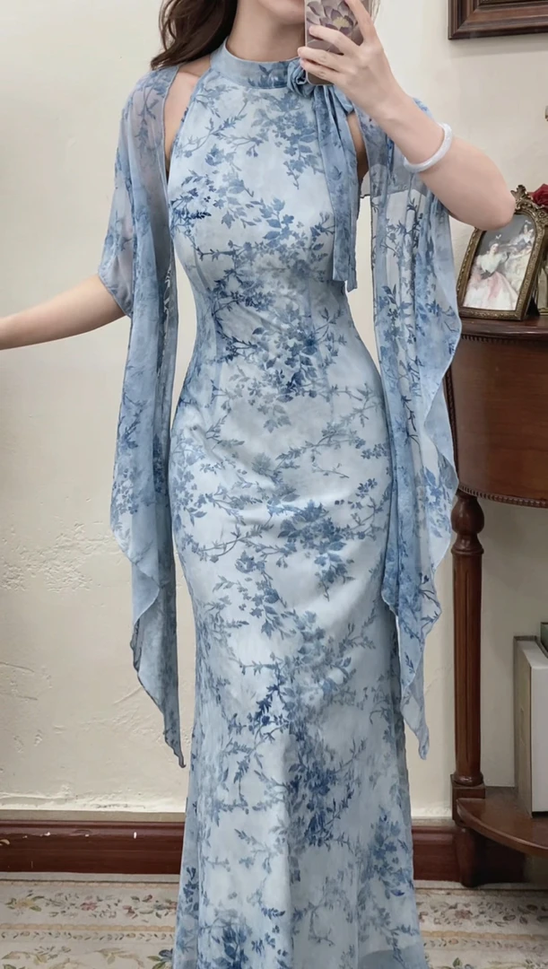 予溪自制【冰雨】夏季温柔纯欲手工花朵挖肩鱼尾连衣裙