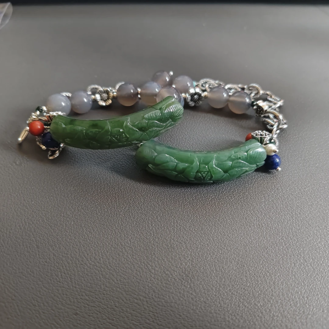 [40]天然和田碧玉精美牡丹花手链多样性发其一