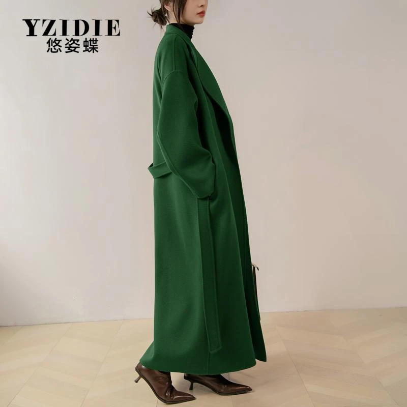 YZIDIE高个子加长版立领毛呢大衣女到脚踝冬绿色高级感双面呢