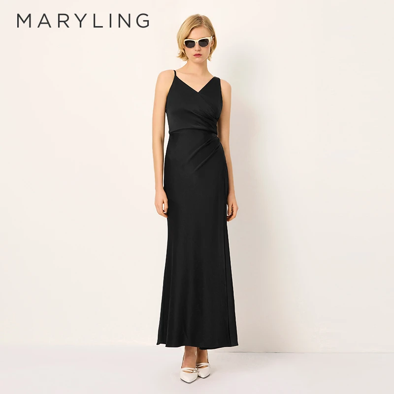 MARYLING玛俪琳2025夏季新品V领吊带小黑裙礼服裙A1FCW68060