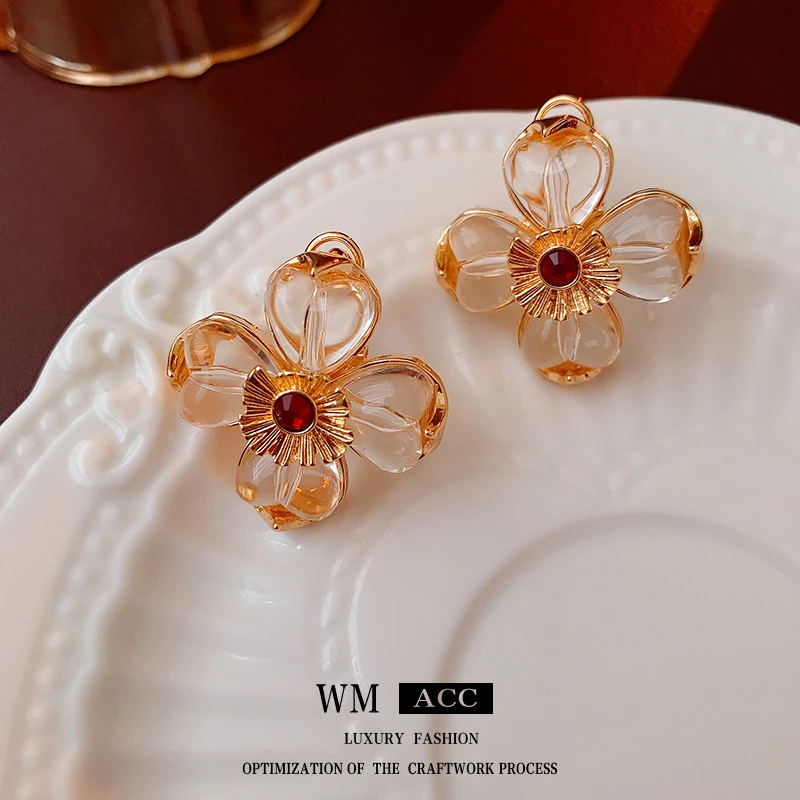 银针法式复古镶钻透明花朵耳环 小众百搭耳钉 轻奢感