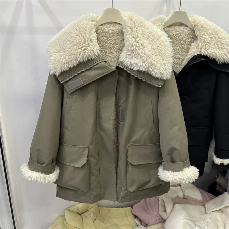 露思同款毛毛派克服女2024冬季新款韩系加厚保暖大翻领外套潮