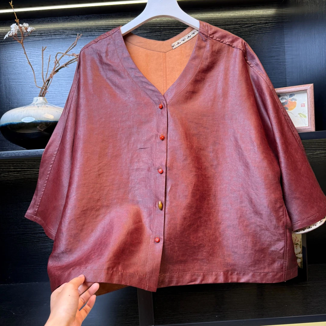 【檀棕】中式桑蚕丝红云纱小衫2451