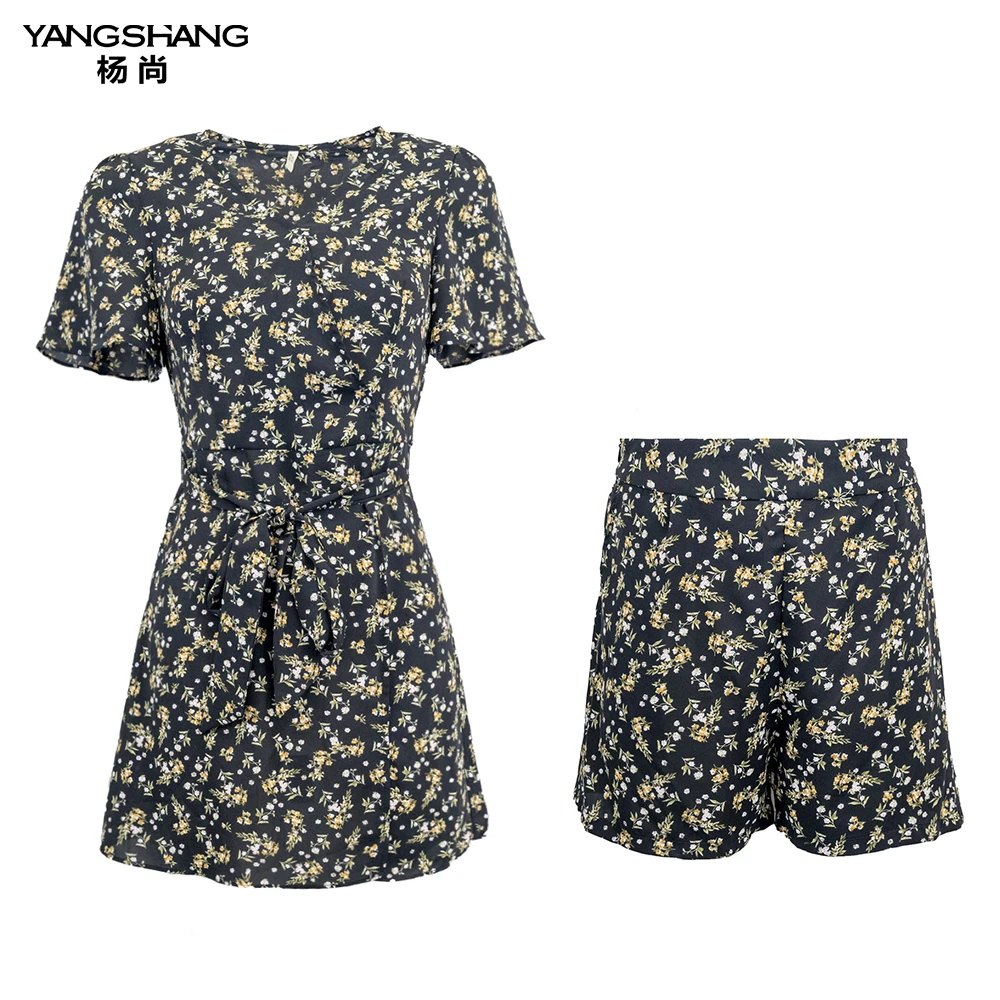 【幽芳】YANGSHANG 夏季新款雪纺碎花防走光腰带连衣裙套裤-B8P150