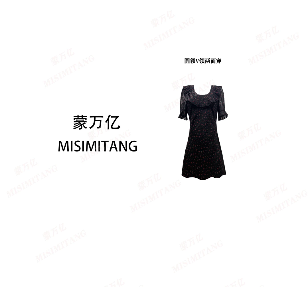 【花影短款】小碎花正反V圆领两穿斜裁减龄黑色修身连衣裙裙子显瘦