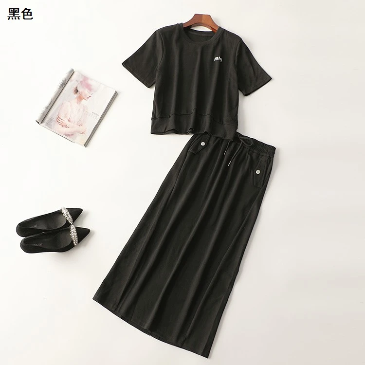 245429夏长款短袖圆领T恤半身裙套装