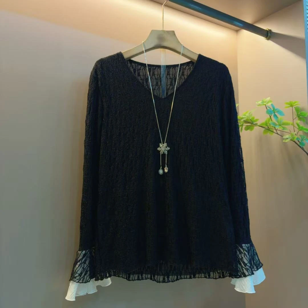 新款气质纯色简约蕾丝拼洋气轻奢显瘦百搭遮肉上衣（衣长62左右）