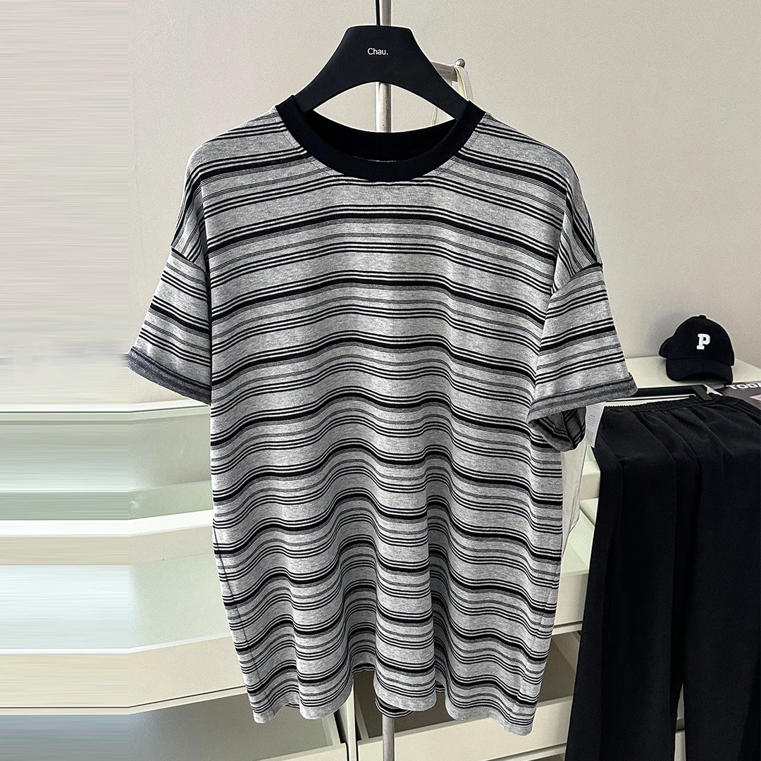 现货「MUMU CHAU」【韵律织纹】撞色条纹短袖T恤女夏季薄款宽松上衣