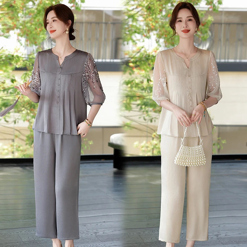 2025新款春夏妈妈装时尚套装高端衬衣女装洋气减龄T恤两件套