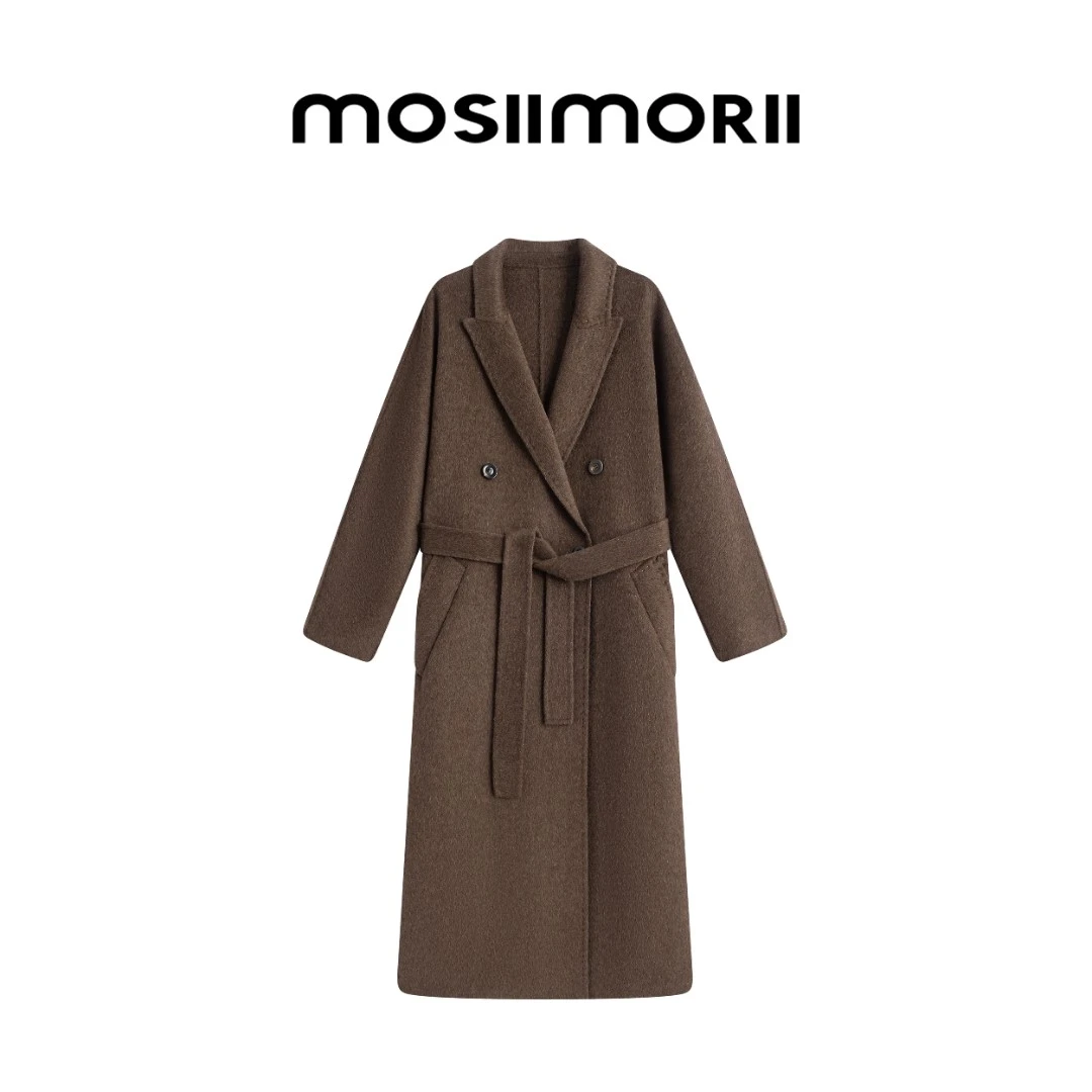 【赛琳娜】气质时尚休闲宽松双面呢羊毛长款双排扣翻领秋冬大衣外套