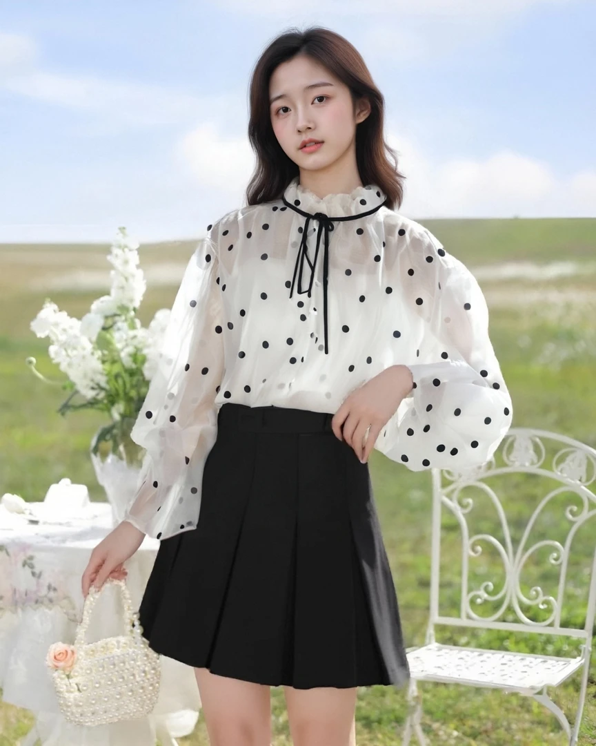 【直播】62653高品质波点衬衫女新款设计感系带小衫别致雪纺上衣