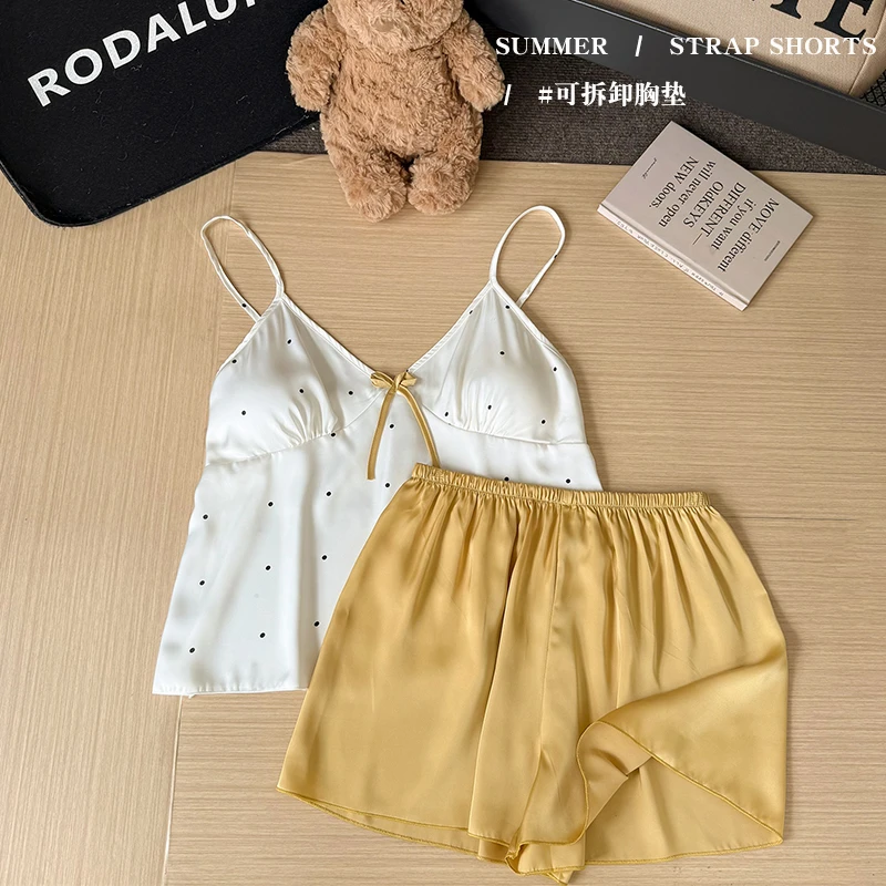 吊带短裤睡衣薄款夏季性感法式甜美纯欲风带胸垫冰丝家居服两件套