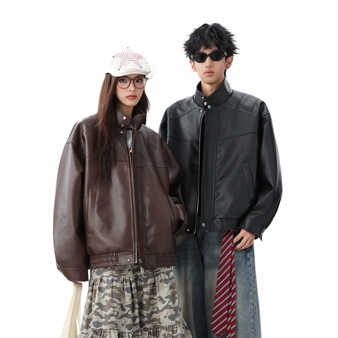 MANRE SHOW美式复古翻领皮衣夹克男秋季潮流宽松机车情侣装外套