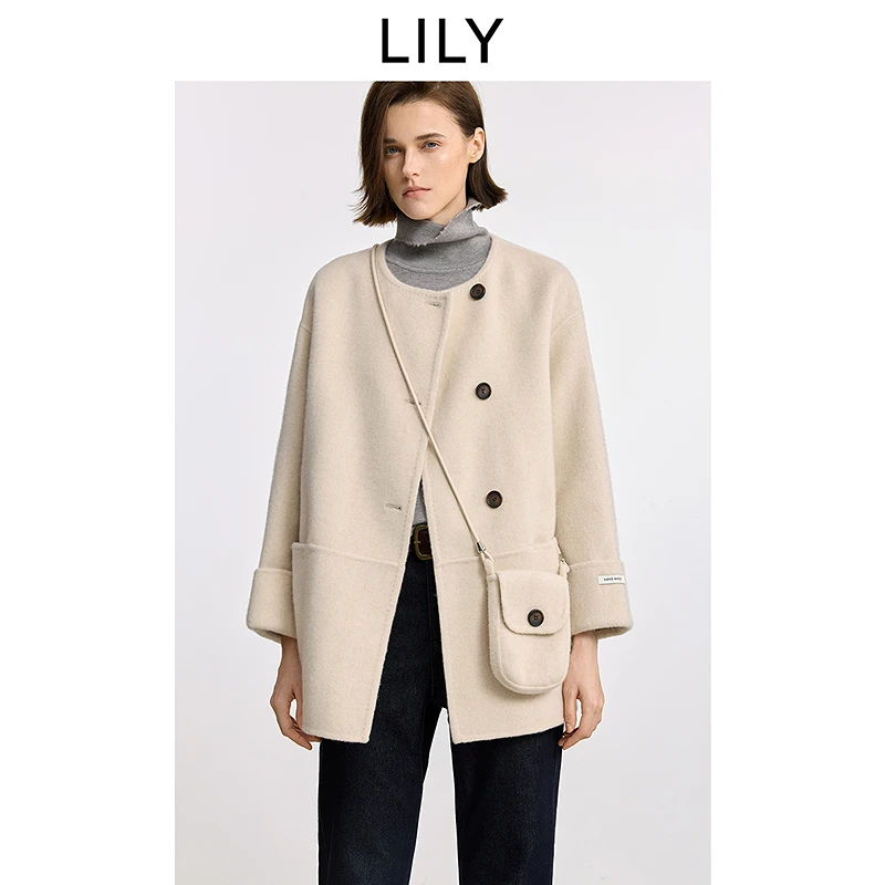 LILY2025冬新款羊毛羊绒混纺含挎包双面呢毛呢外套女125409FN966