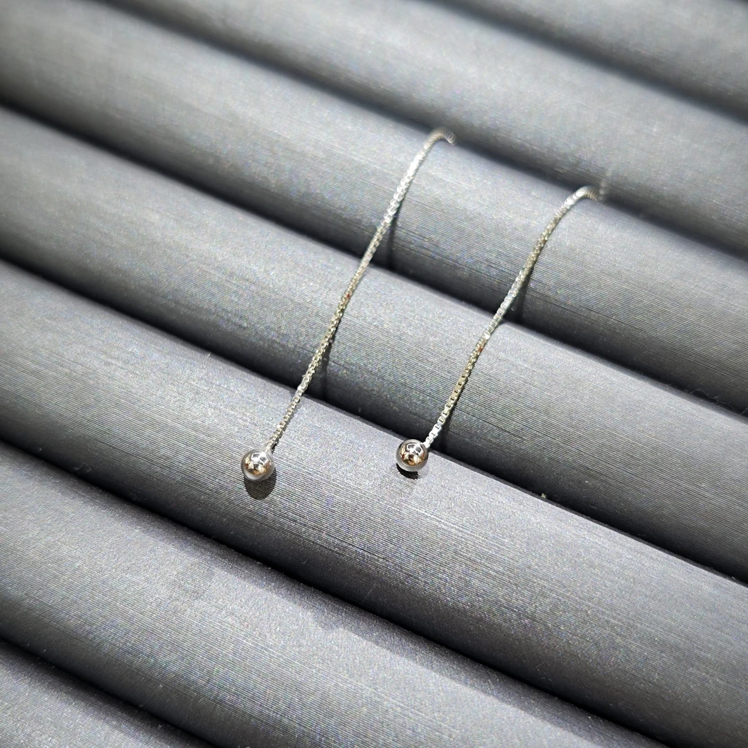 足银耳饰 足银盒子链圆珠耳线5672