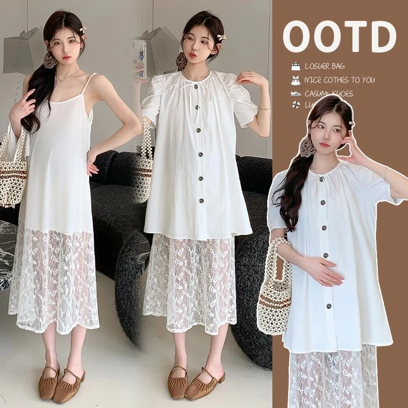 时髦孕妇裙2025夏季新款休闲法式碎花吊带裙气质显瘦甜美衬衣套装