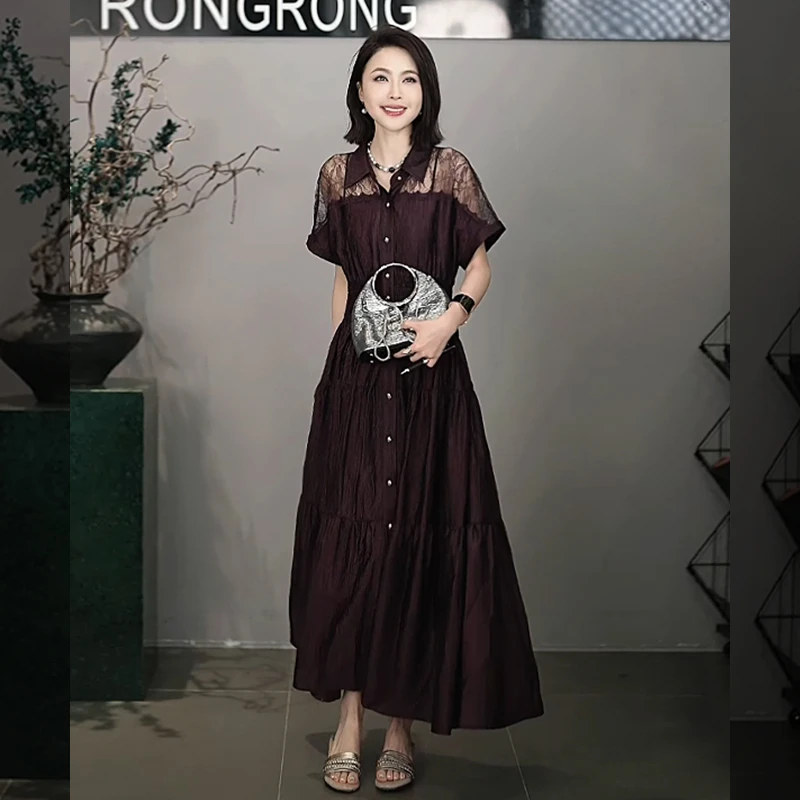 溶溶【紫鸢画梦】RONGRONG醋酸混纺拼接镂空蕾丝收腰连衣裙F25X229L