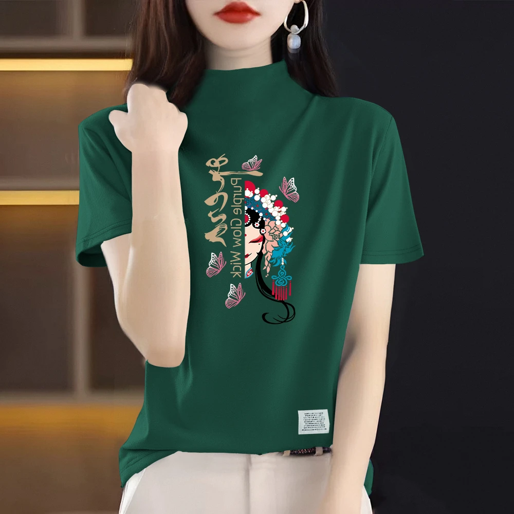 新品半高领休闲全棉夏季大码短袖宽松文艺百搭显瘦T恤衫印花上衣